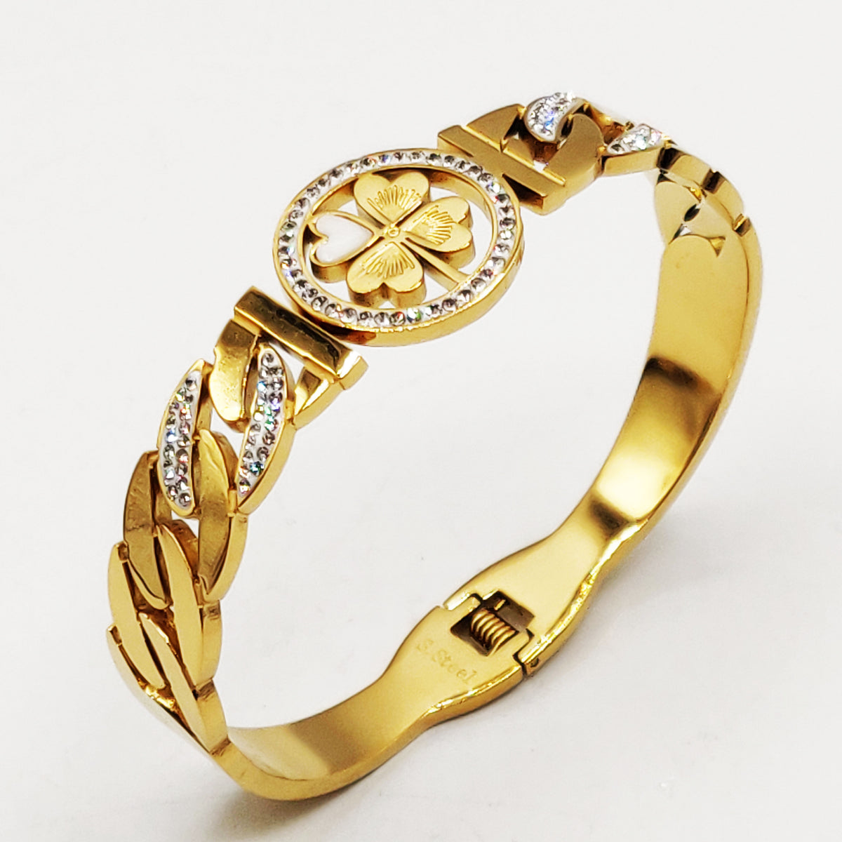 Bracelet Rigide Plaqué Or Avec Cristaux - Chaîne De Sécurité, Style Vintage - Occasion Parfait état