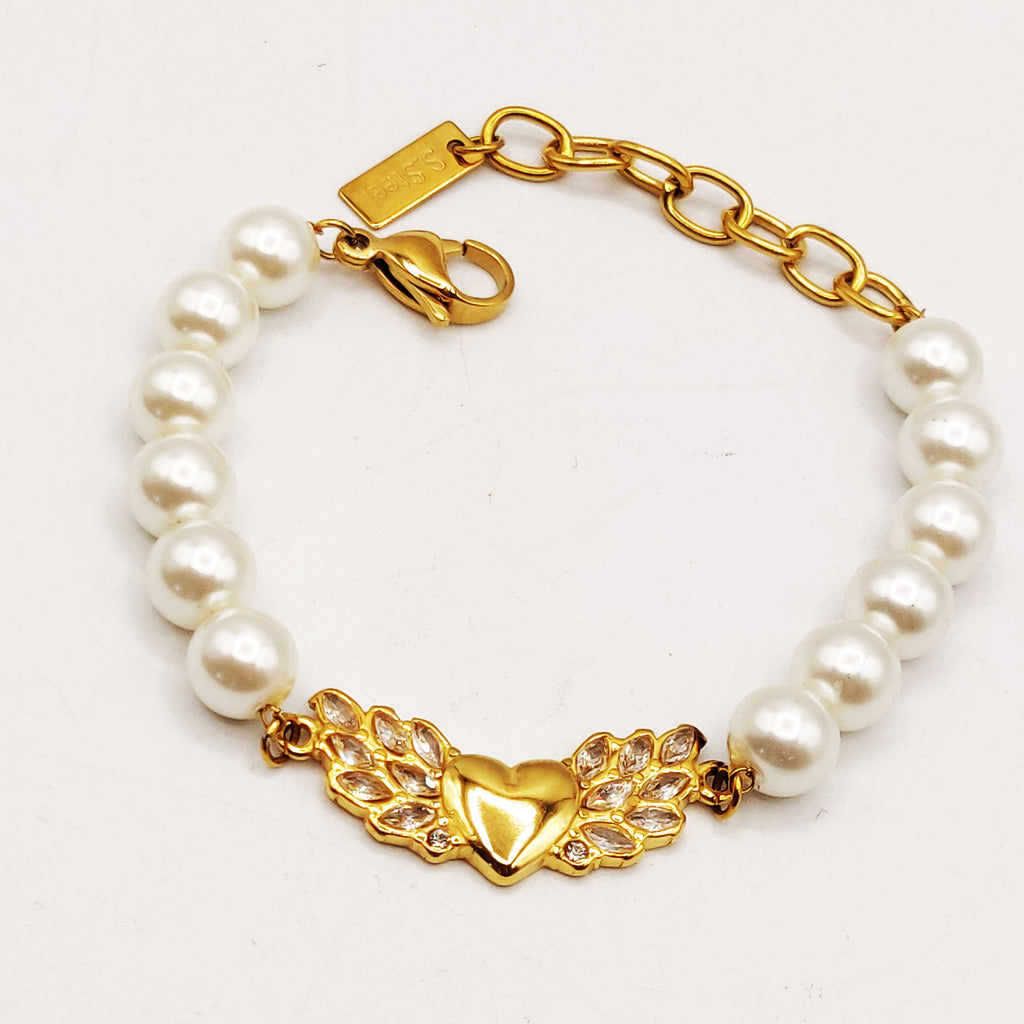 Bracelet Multi Perles d'imitation Blanches Coeur Ailé Cristaux