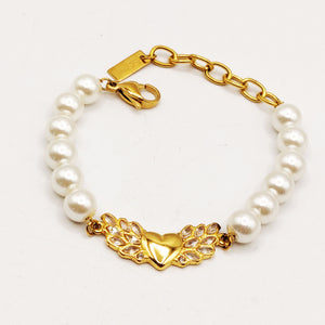 Bracelet Multi Perles d'imitation Blanches Coeur Ailé Cristaux