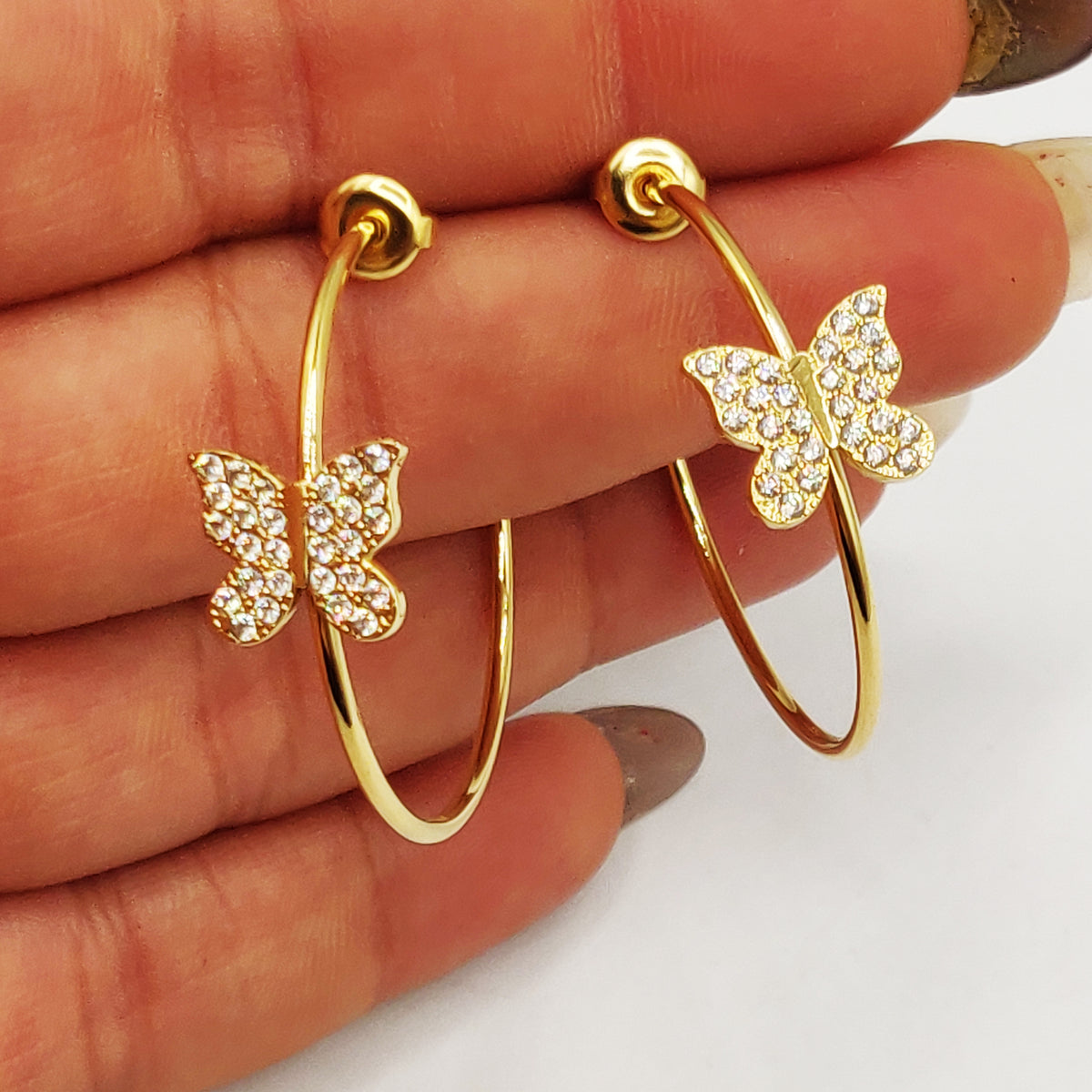Boucles D'Oreilles Enfant - Créoles Papillon Avec Cristal - Plaqué Or 750 - Neuf Avec Étiquettes