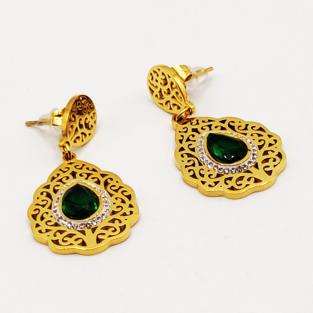 Boucles D'oreilles Clip Vert Et Cristal - Forme Goutte, Occasion, Plaqué Argent Et Pierre