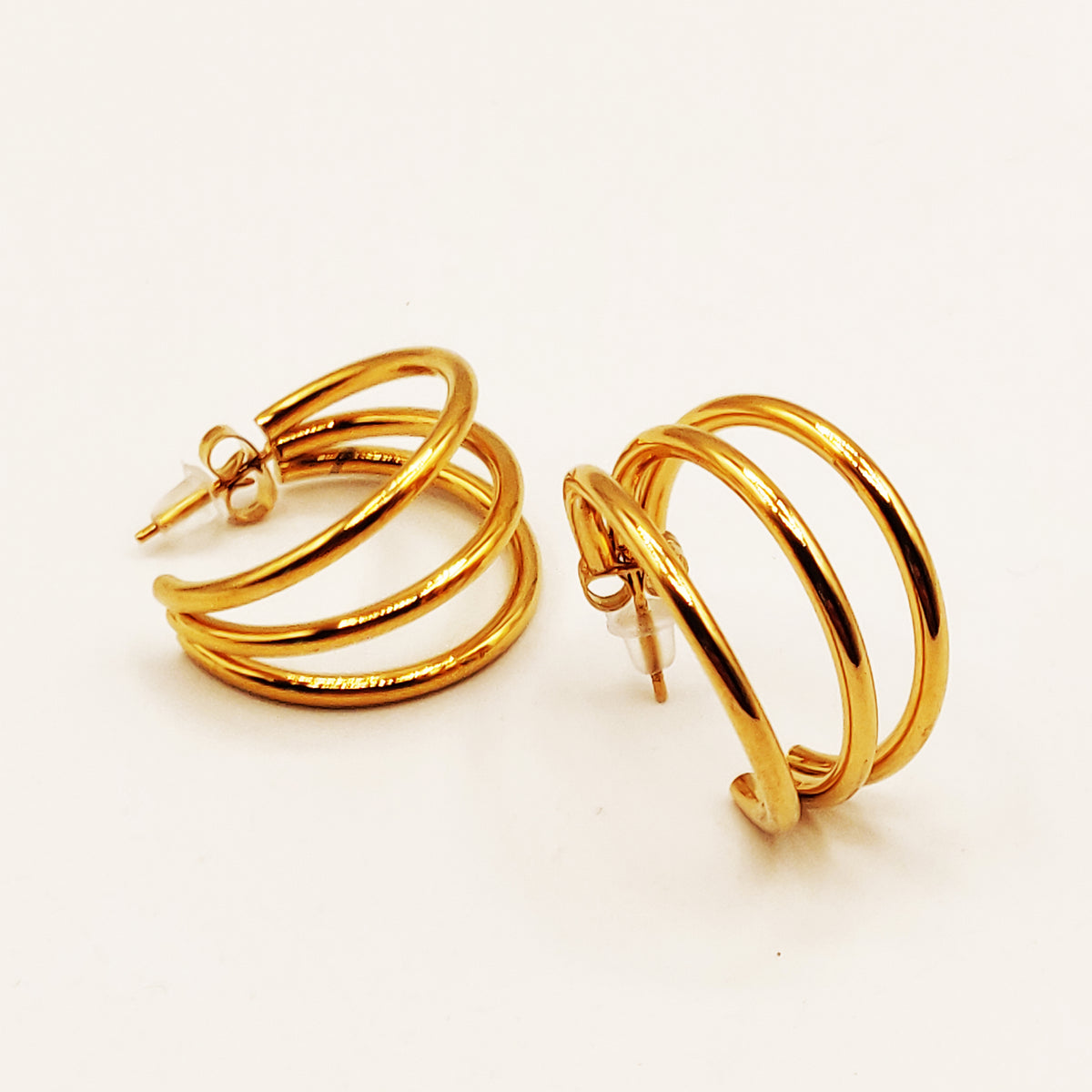 Boucles D'oreilles Triple Créoles Entrelacées Plaqué Or - Diamètre 3 Cm, Clous