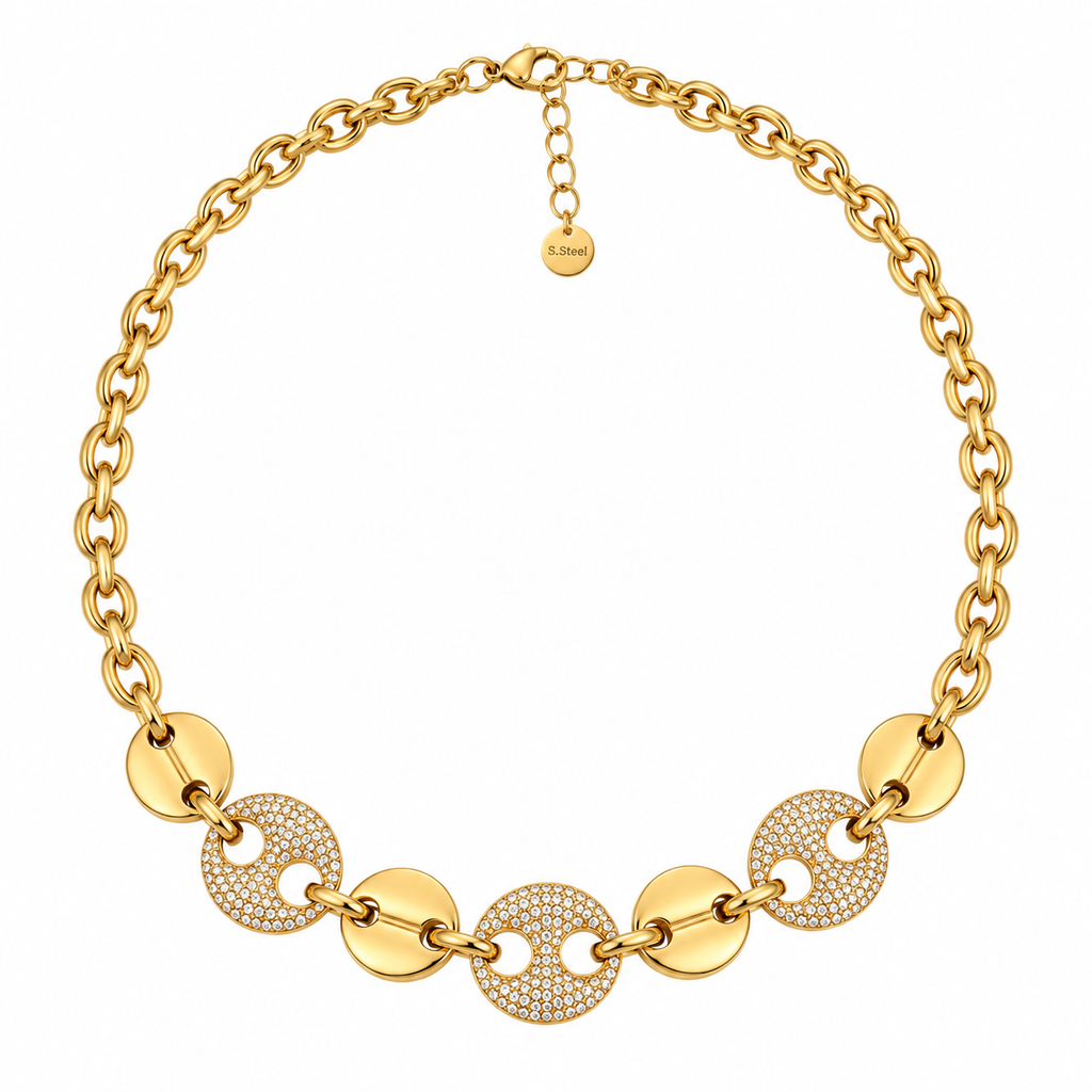 Collier Graines de Café Plates Dorées et Cristaux Luxe