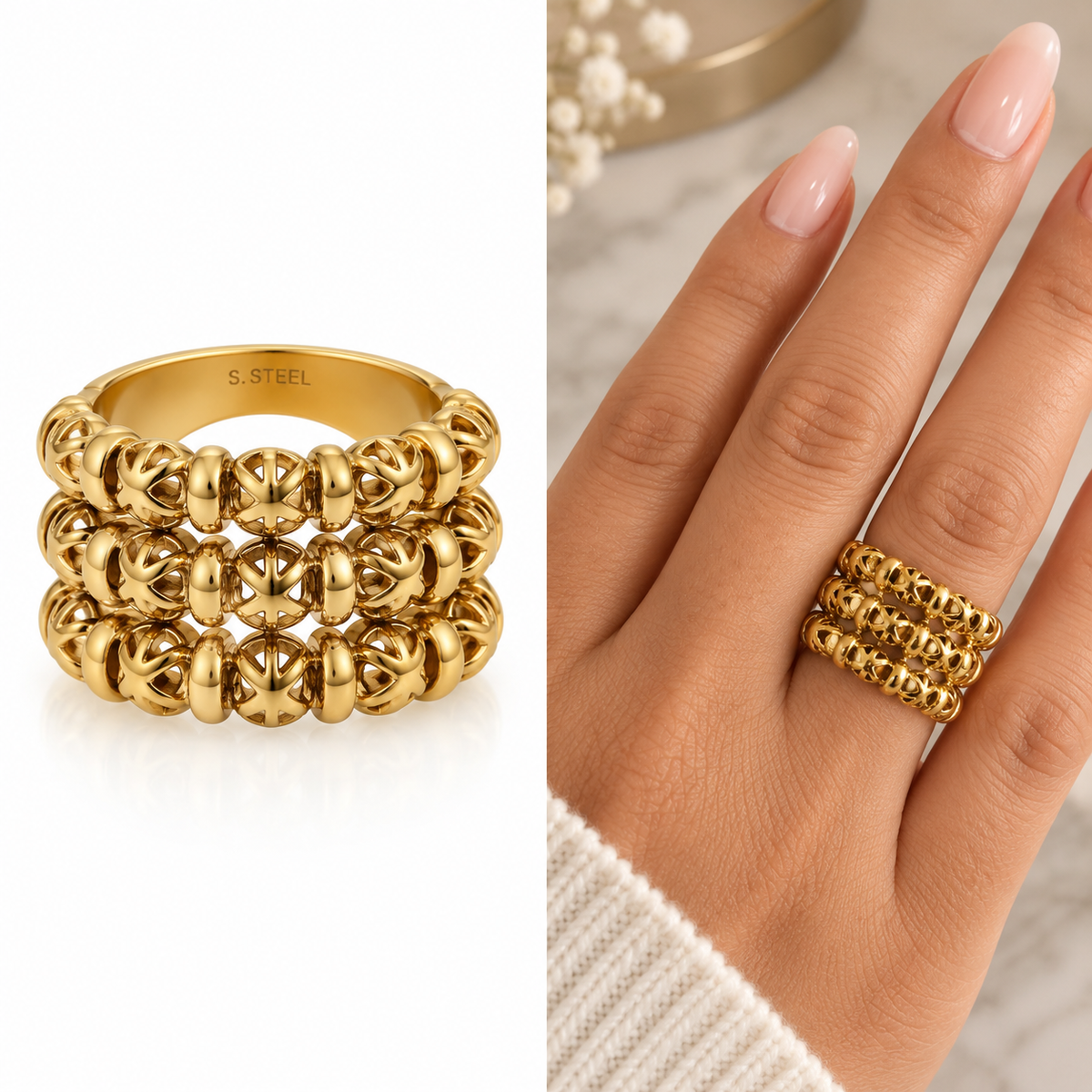 Bague Triple Lignes Boules Orientales et Barres Dorées Luxe