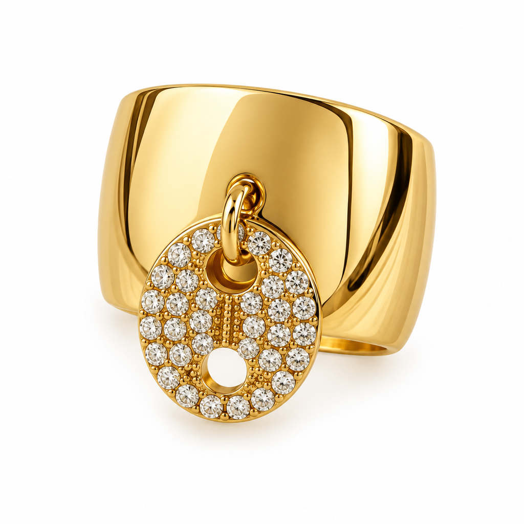 Bague Graine de Café Plate Dorée et Cristaux Luxe