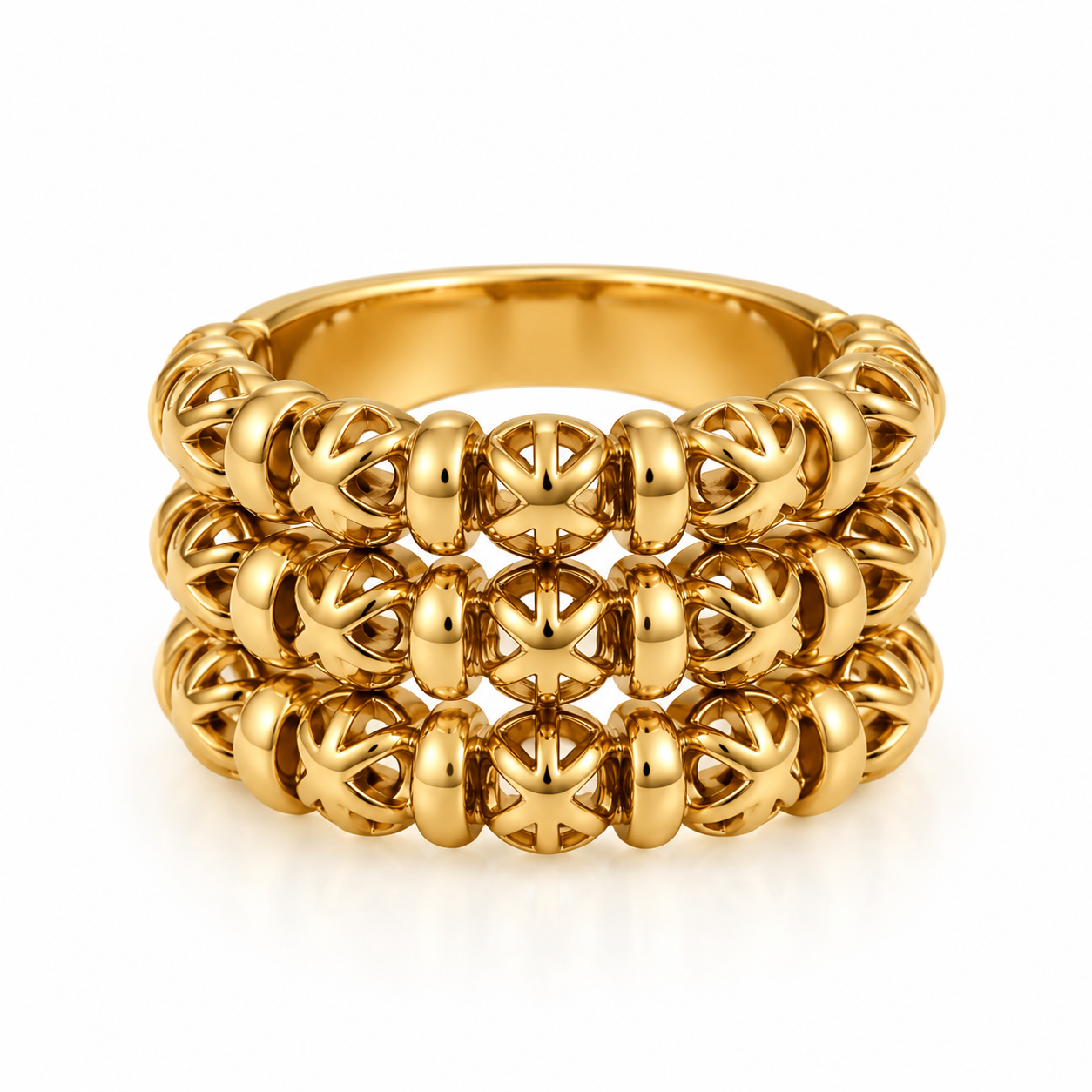 Bague Triple Lignes Boules Orientales et Barres Dorées Luxe