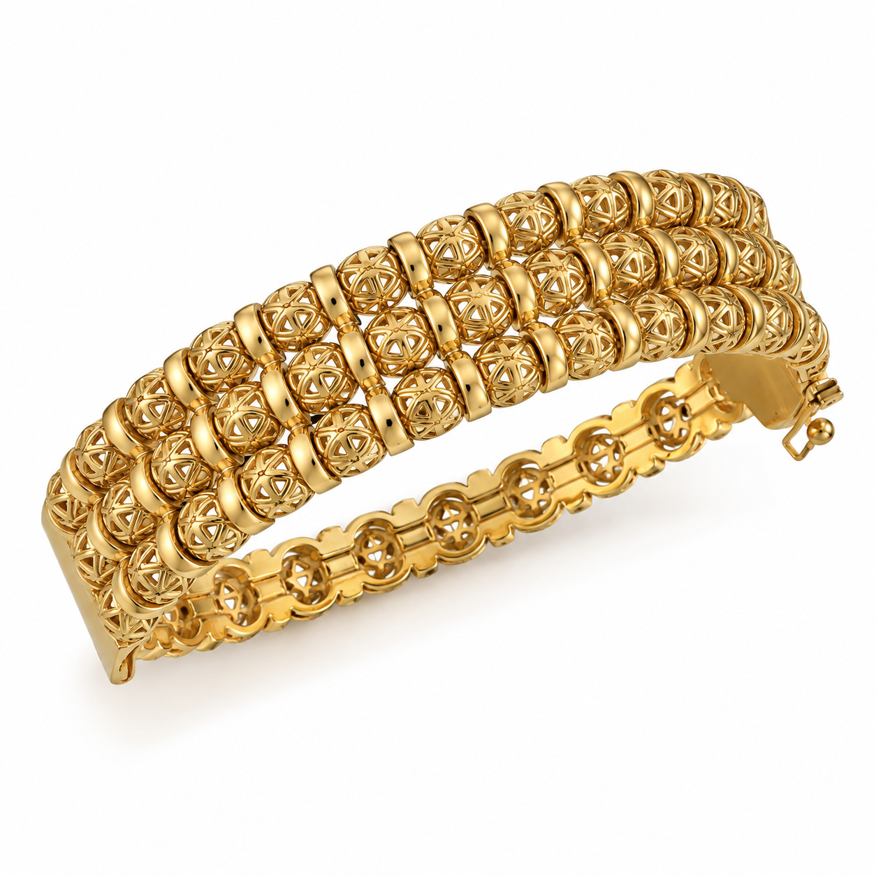 Bracelet Rigide Triple Lignes Boules Orientales et Barres Dorées Luxe