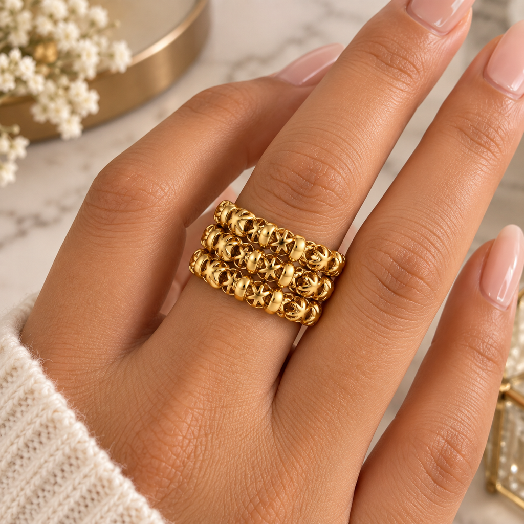 Bague Triple Lignes Boules Orientales et Barres Dorées Luxe
