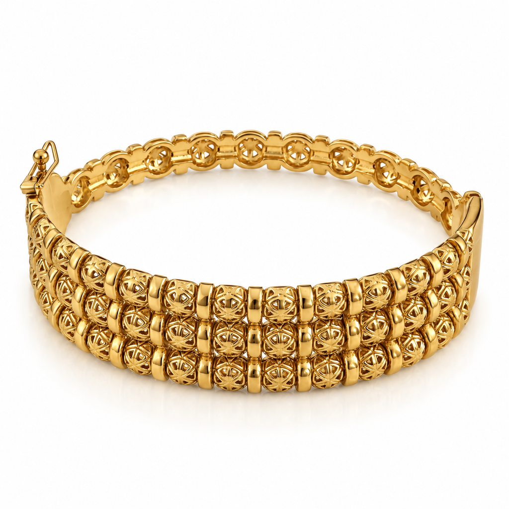 Bracelet Rigide Triple Lignes Boules Orientales et Barres Dorées Luxe