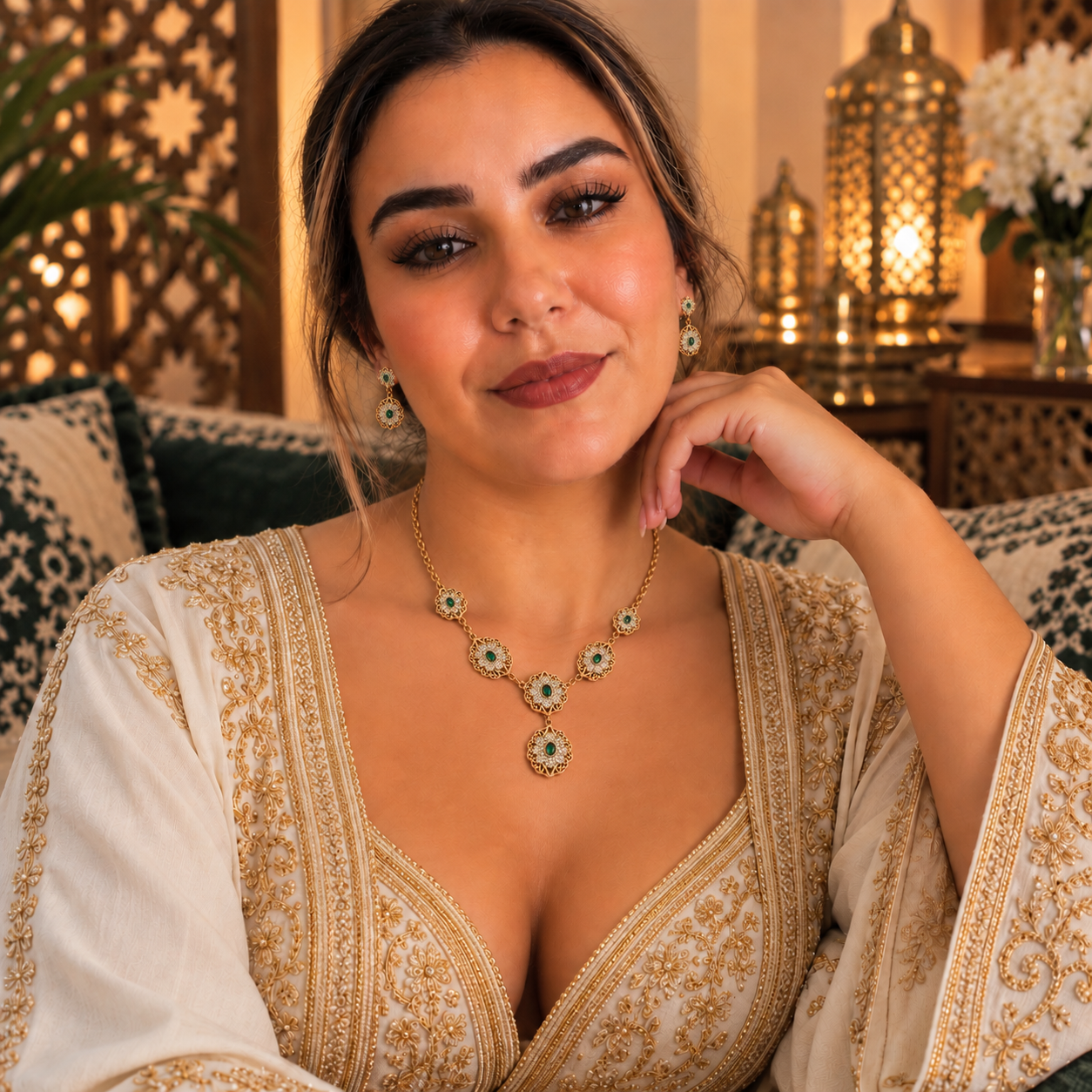 Ensemble Collier et Boucles d'oreilles Rosaces Orientales Pierres Vertes Luxe