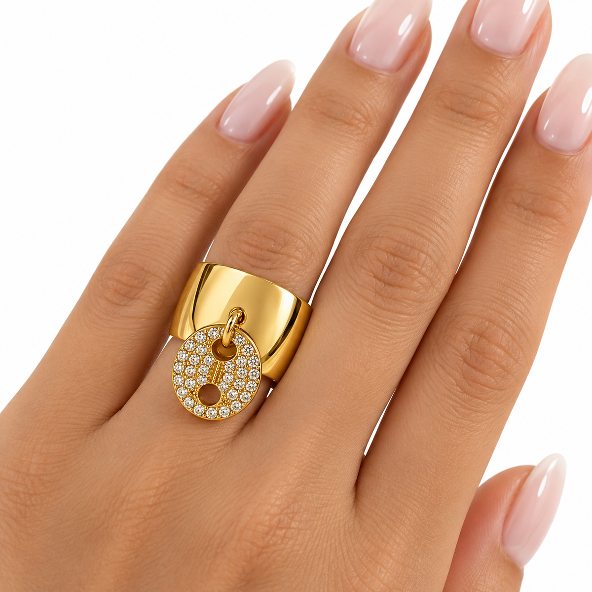 Bague Graine de Café Plate Dorée et Cristaux Luxe