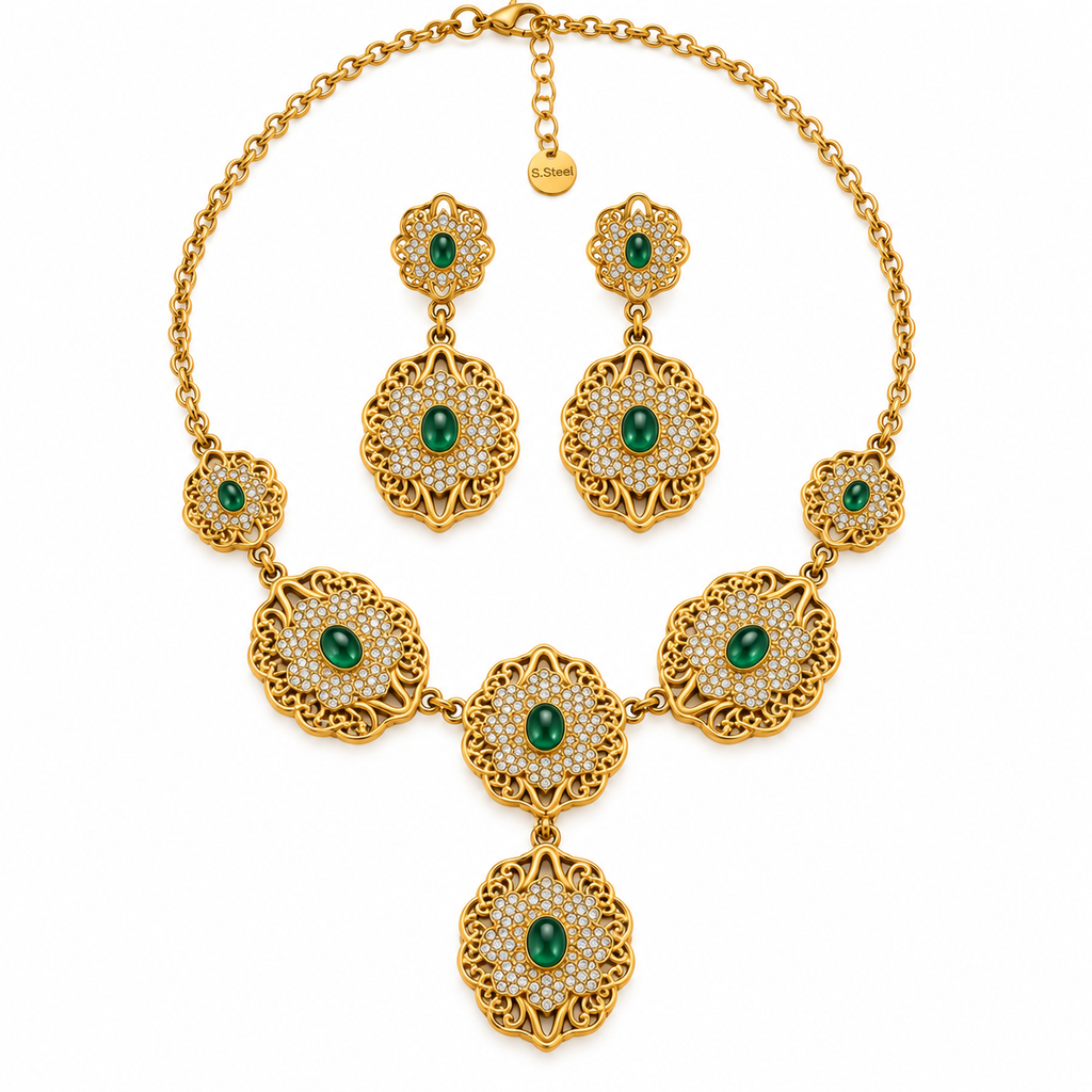 Ensemble Collier et Boucles d'oreilles Rosaces Orientales Pierres Vertes Luxe