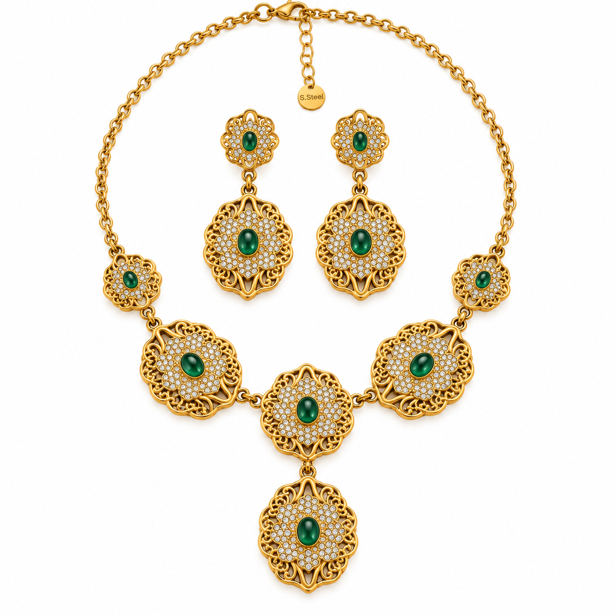 Ensemble Collier et Boucles d'oreilles Rosaces Orientales Pierres Vertes Luxe