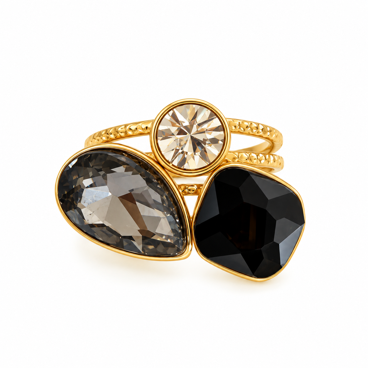 Bague Cristaux Goutte Grise et Carré Noir Luxe