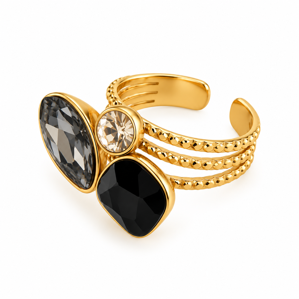 Bague Cristaux Goutte Grise et Carré Noir Luxe