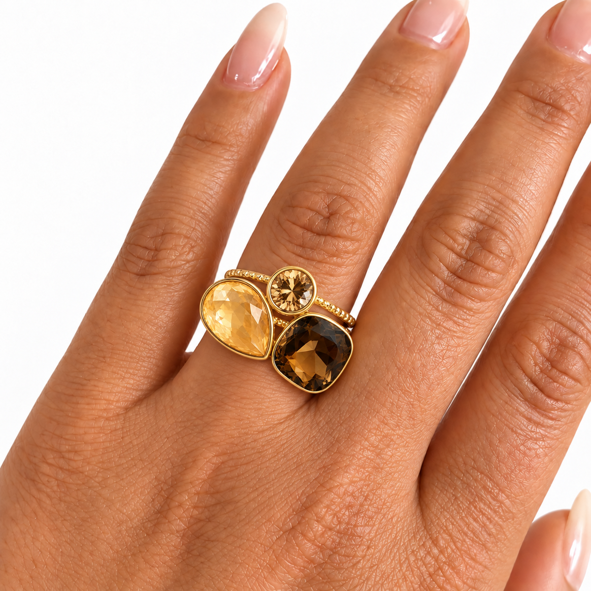 Bague Cristaux Goutte et Carré Nuances de Marron Luxe
