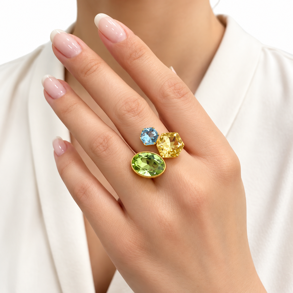 Bague Cristaux Vert, Bleu et Jaune Luxe