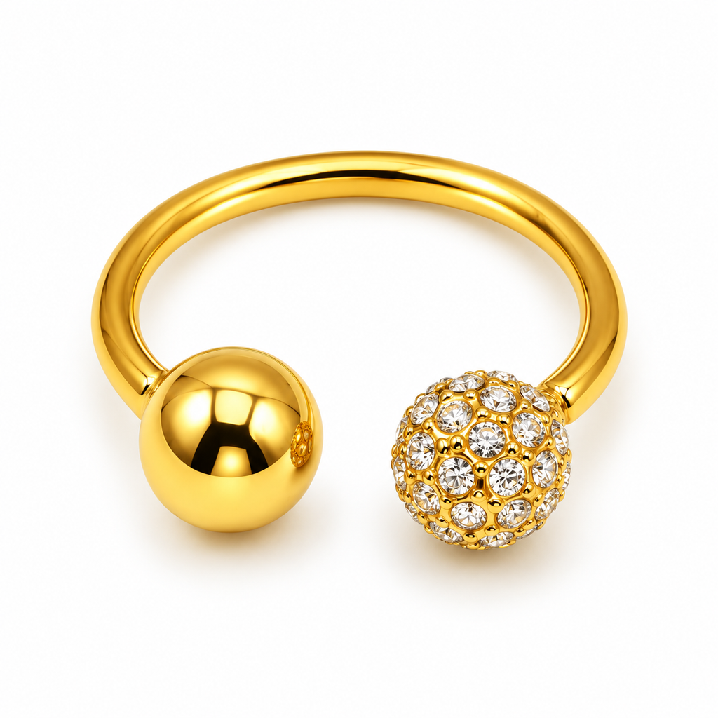 Bague Double Boules Dorée et Cristaux Luxe