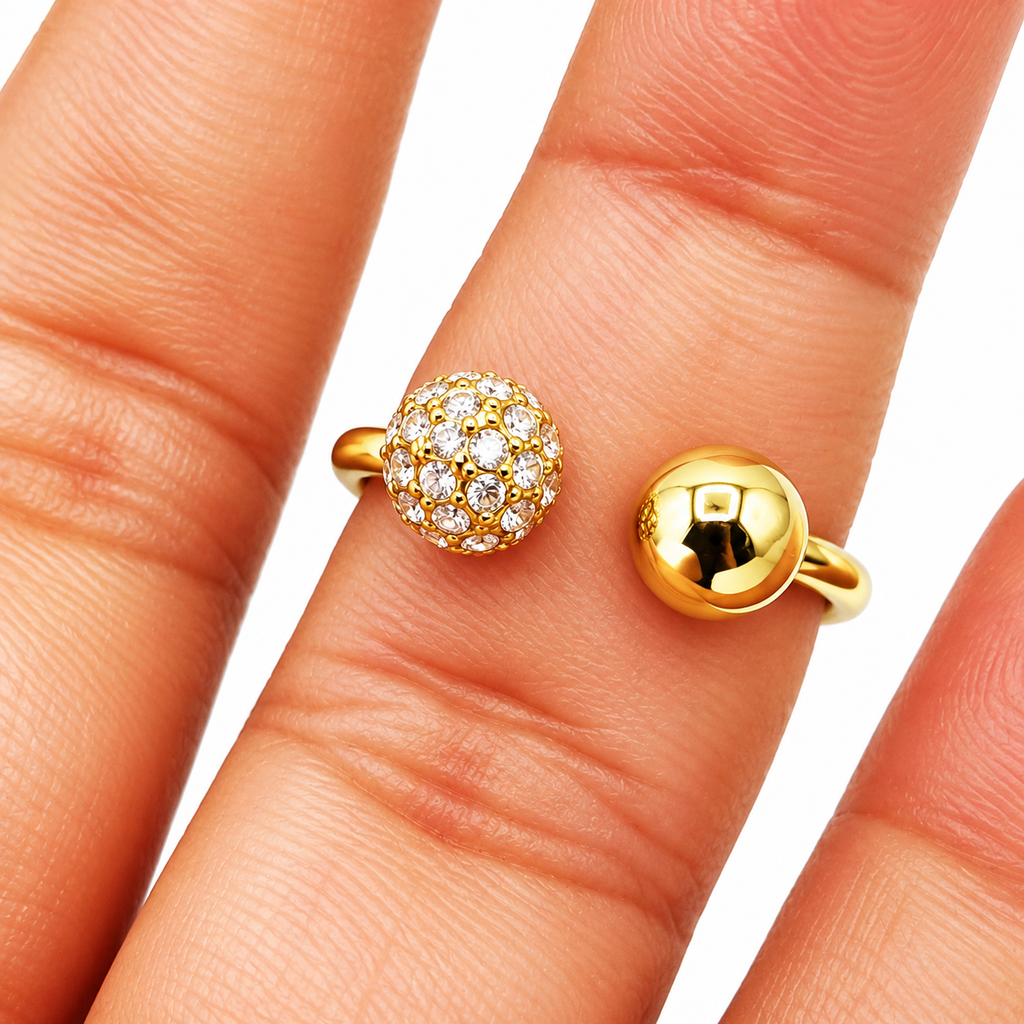 Bague Double Boules Dorée et Cristaux Luxe