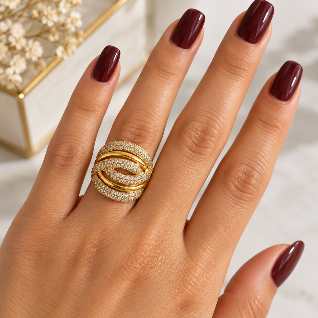 Bague Double Lignes Cristaux et Dorées Luxe
