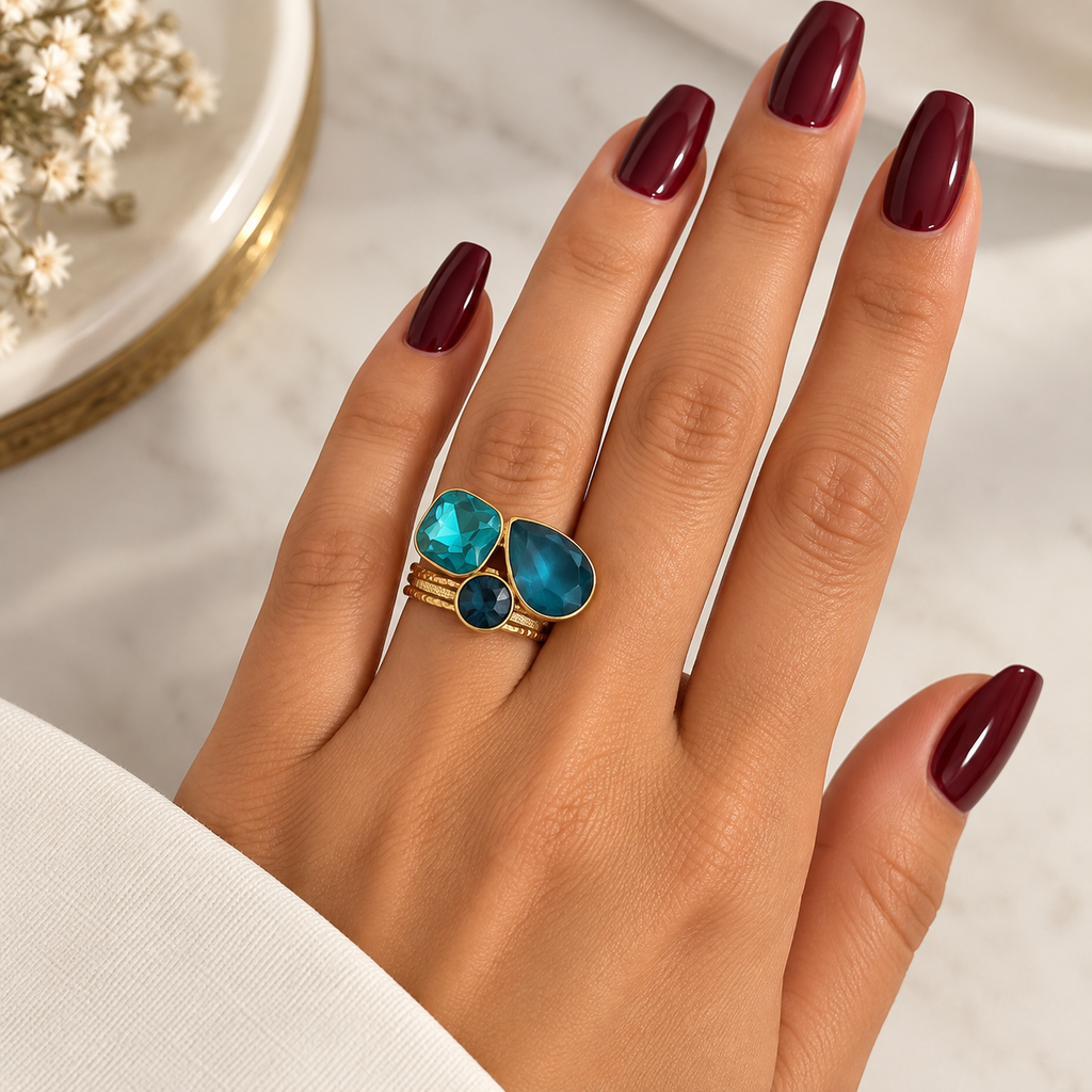 Bague Cristaux Goutte et Carré Nuances de Bleus Luxe
