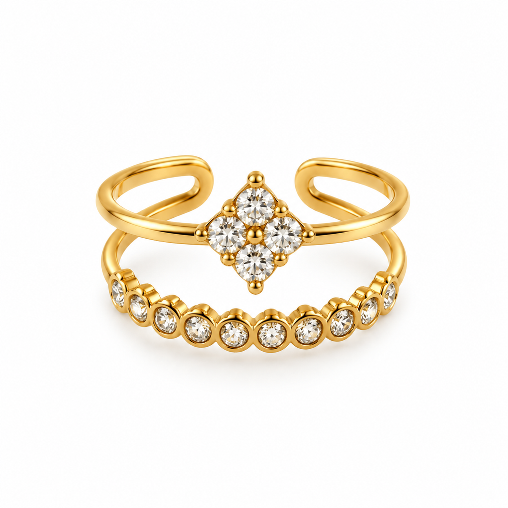 Bague Trèfle 4 Cristaux et Ligne Cristaux Luxe