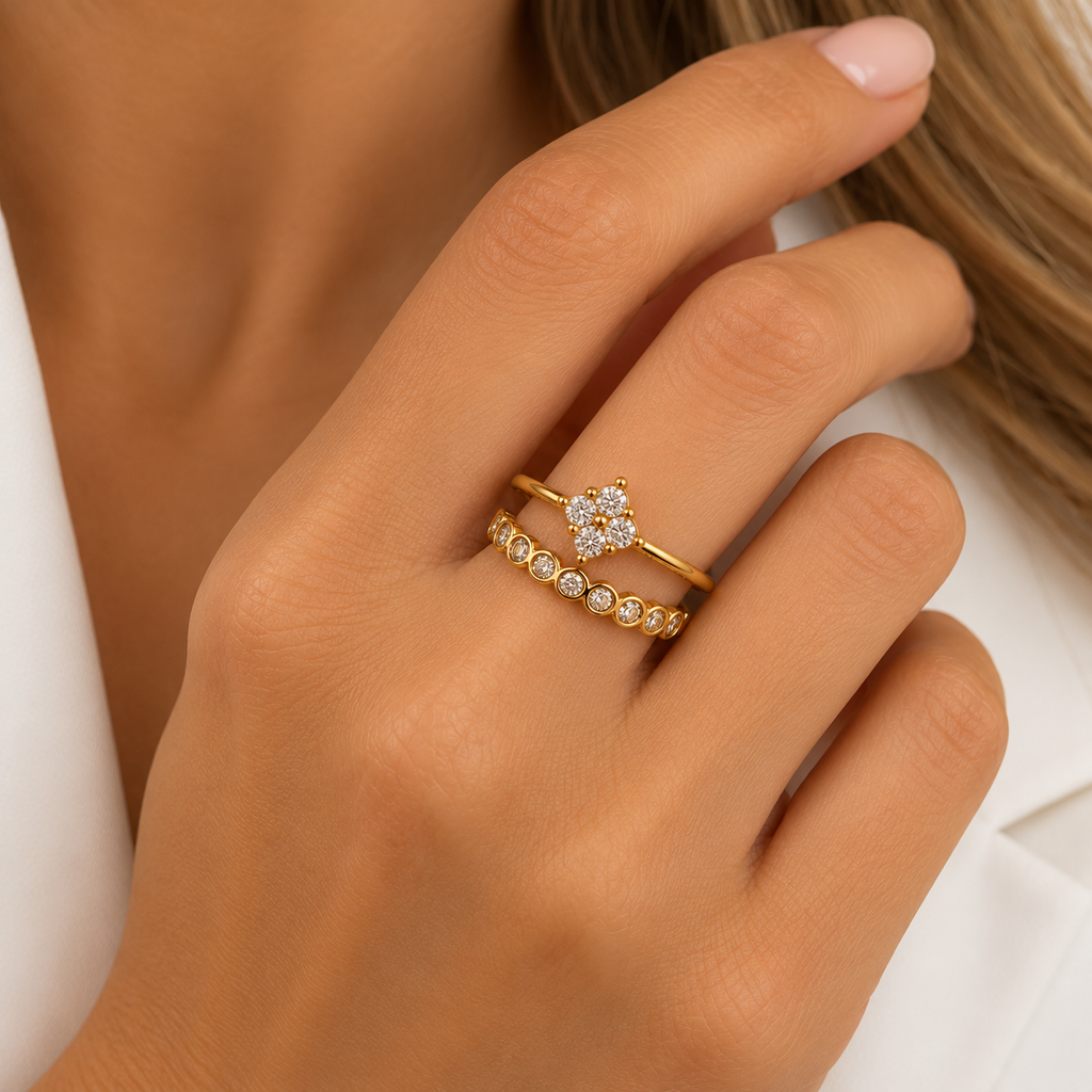 Bague Trèfle 4 Cristaux et Ligne Cristaux Luxe