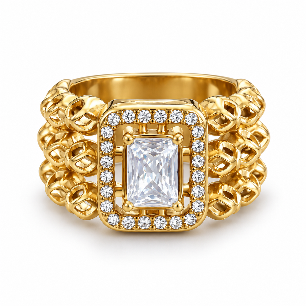 Bague Triple Lignes Boules Cristal Rectangle Luxe