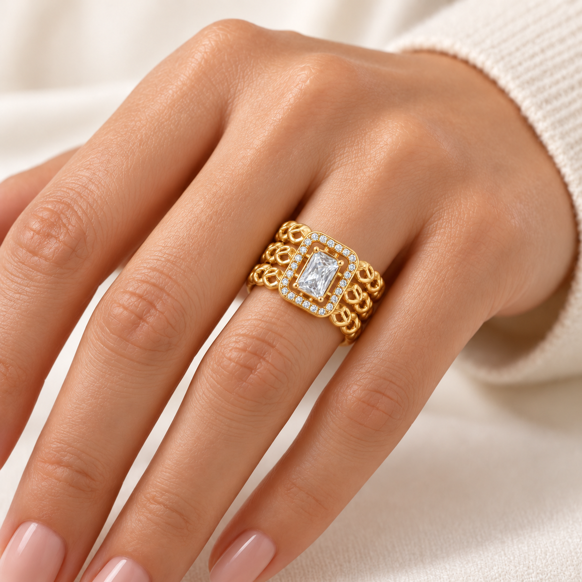 Bague Triple Lignes Boules Cristal Rectangle Luxe