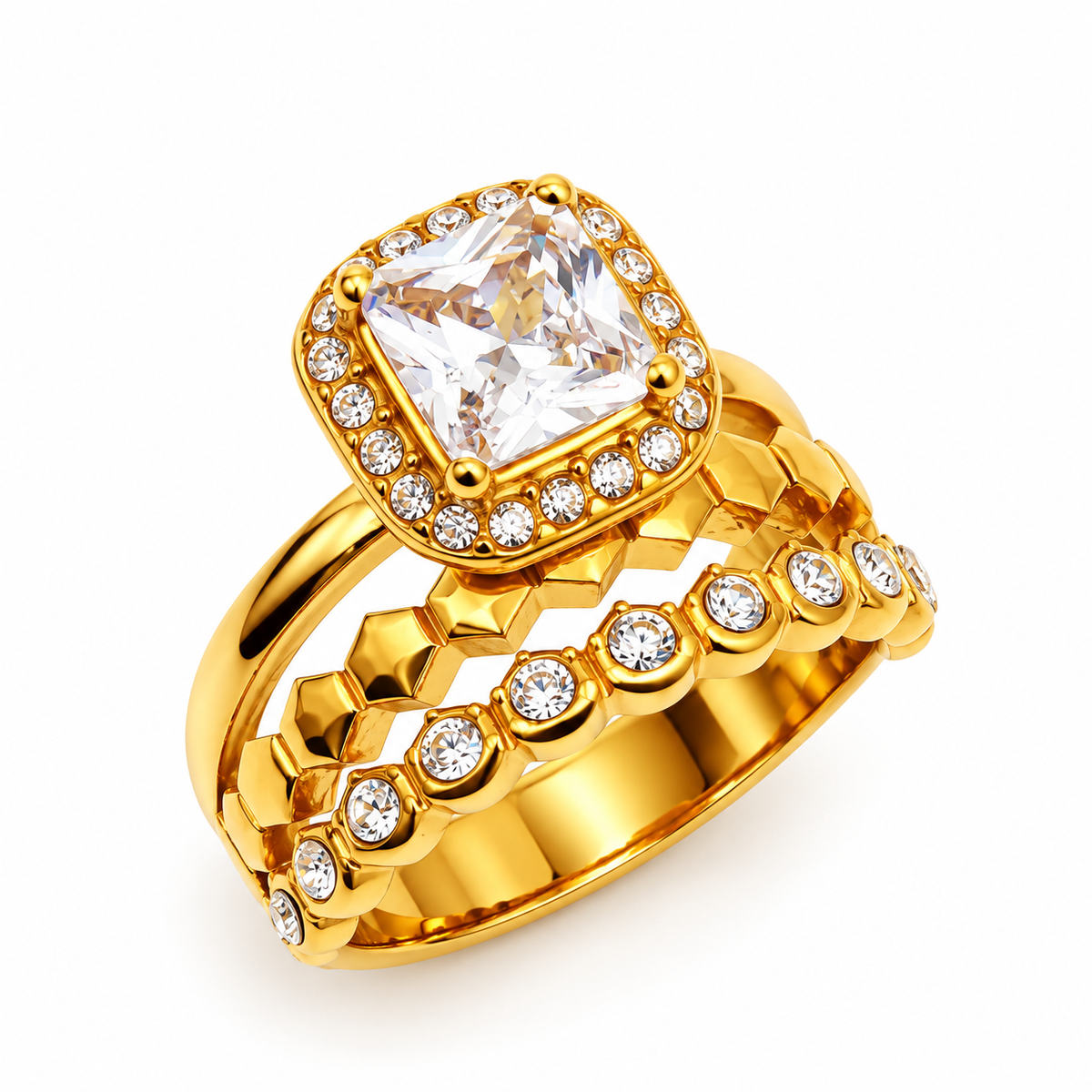 Bague Triple Lignes Hexagones et Cristal Carré Luxe