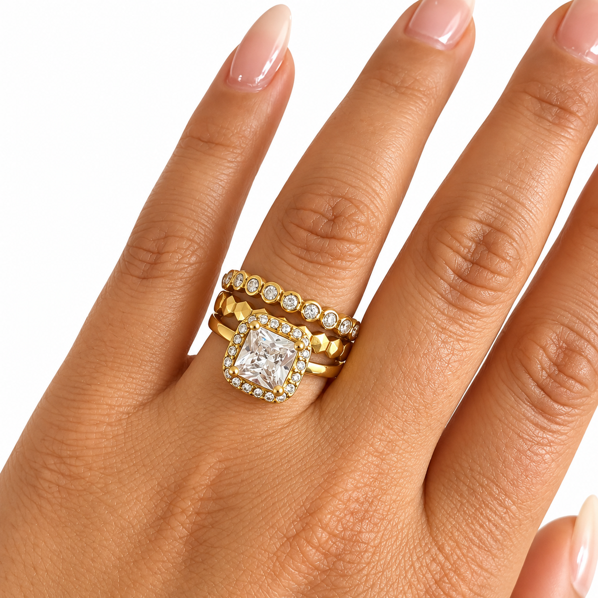 Bague Triple Lignes Hexagones et Cristal Carré Luxe