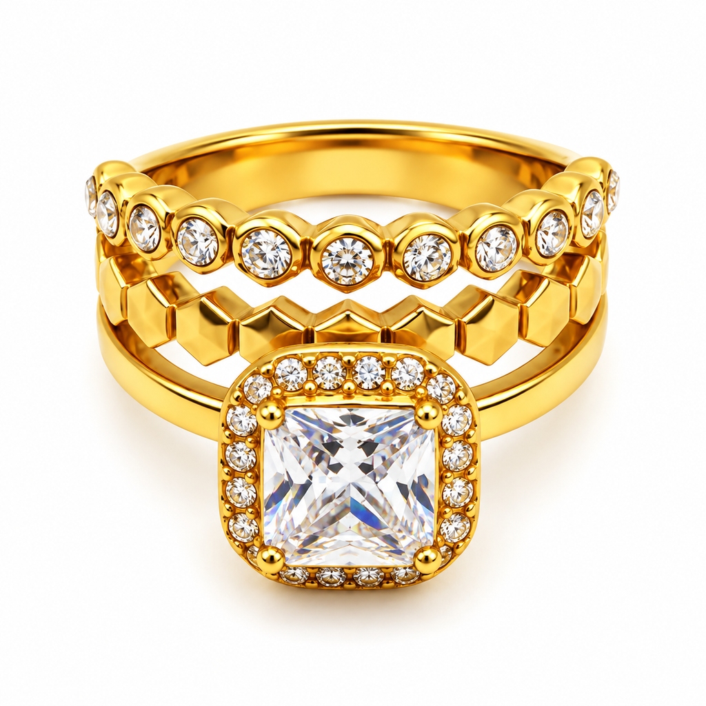 Bague Triple Lignes Hexagones et Cristal Carré Luxe