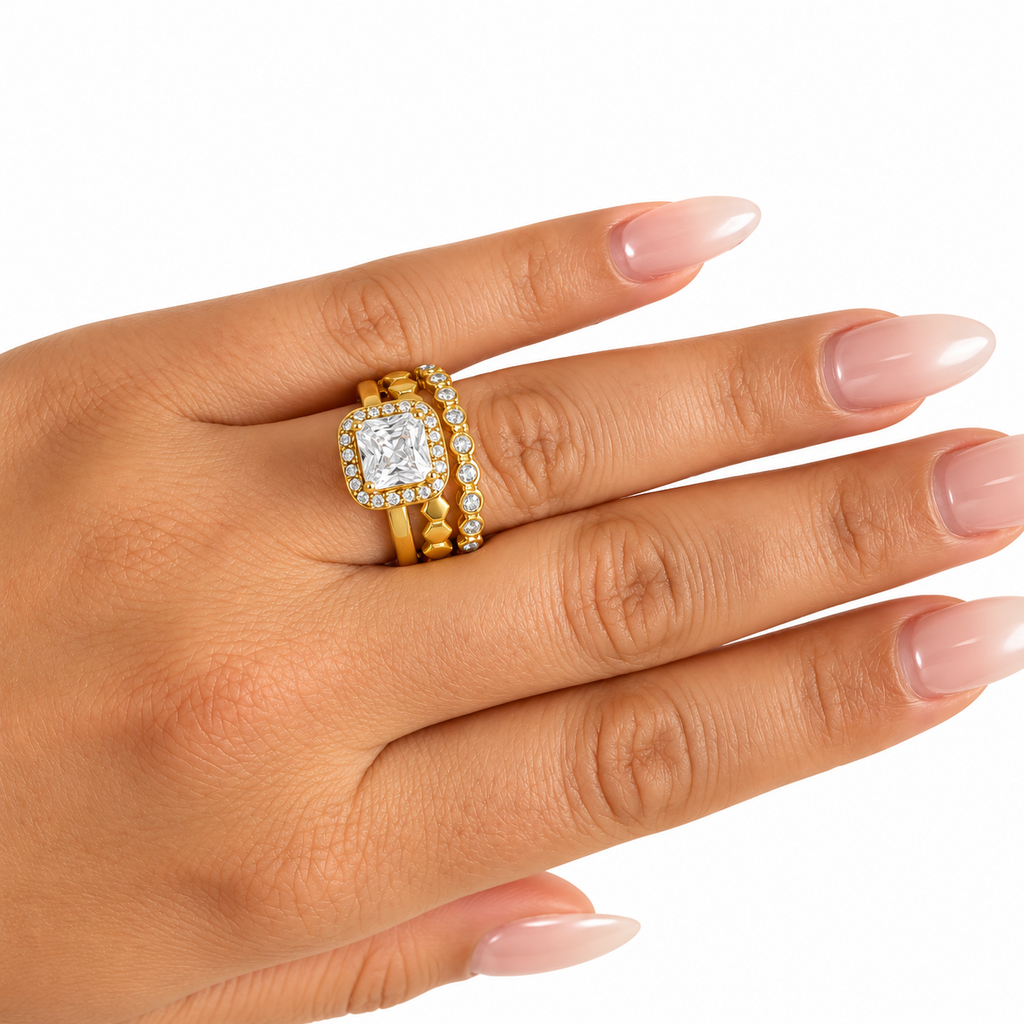 Bague Triple Lignes Hexagones et Cristal Carré Luxe