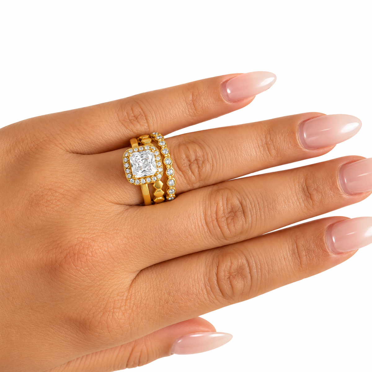 Bague Triple Lignes Hexagones et Cristal Carré Luxe