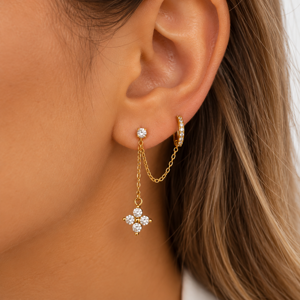 Boucle d'oreille 2 Trous Anneau et Pendentif Trèfle 4 Cristaux Luxe