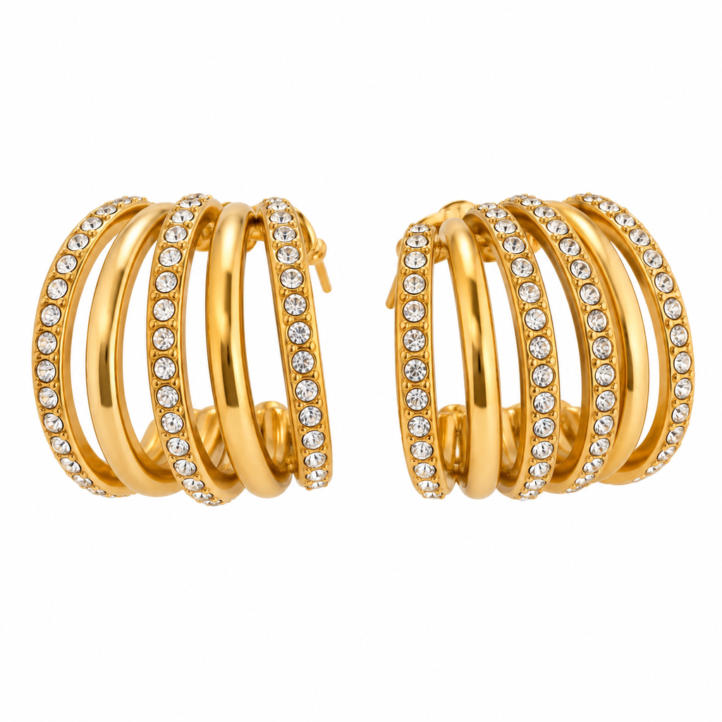 Boucles d'oreilles 5 Lignes Dorées et Cristaux Luxe