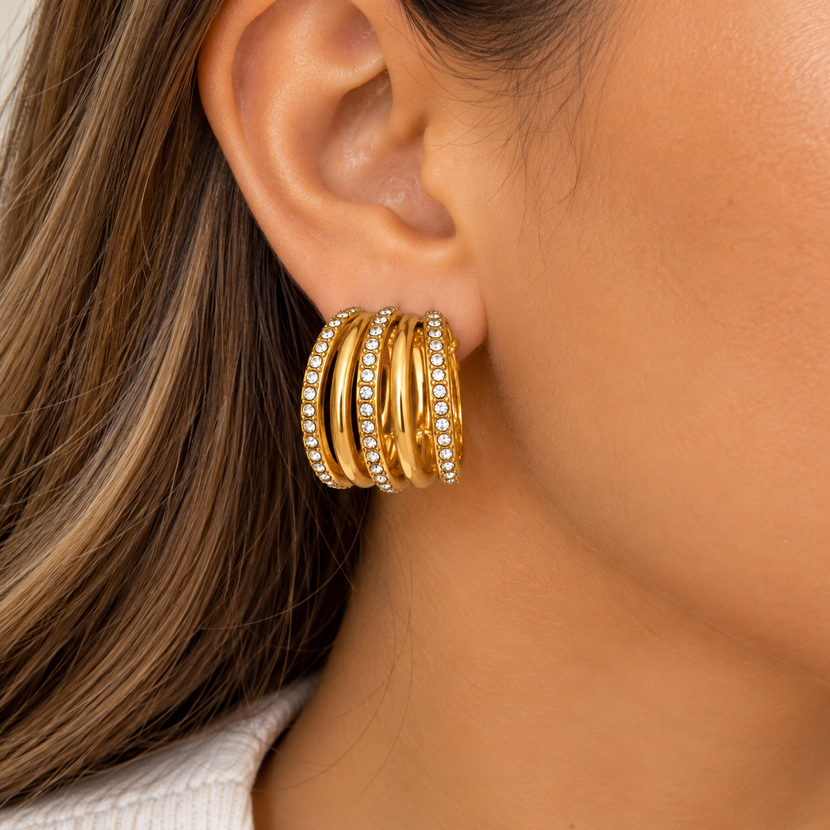 Boucles d'oreilles 5 Lignes Dorées et Cristaux Luxe
