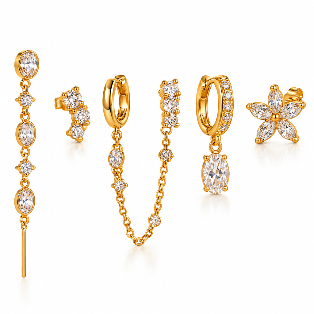 Boucles d'oreilles 6 Trous Cristaux Ovales, Ronds et Fleur Luxe