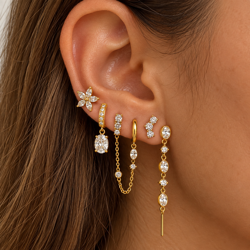 Boucles d'oreilles 6 Trous Cristaux Ovales, Ronds et Fleur Luxe