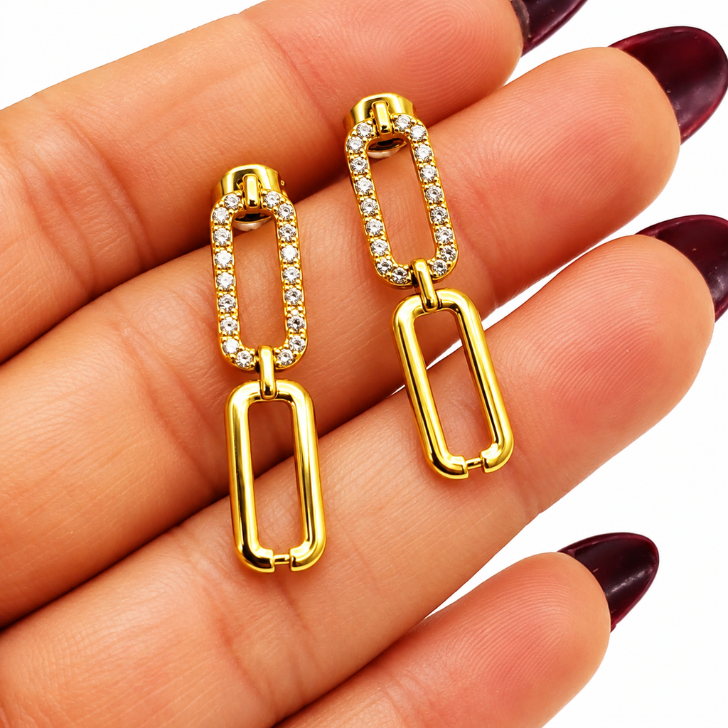 Boucles d'oreilles Chaîne Rectangle Ovale Cristaux Luxe