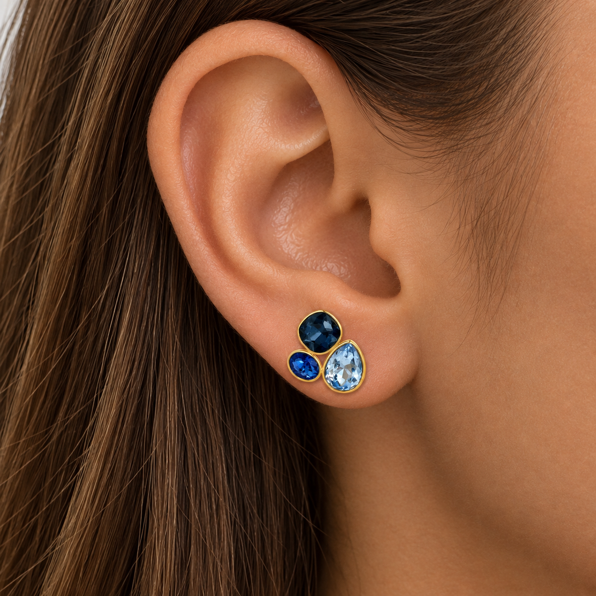 Boucles d'oreilles Cristaux Goutte et Carré Nuances de Bleus Luxe