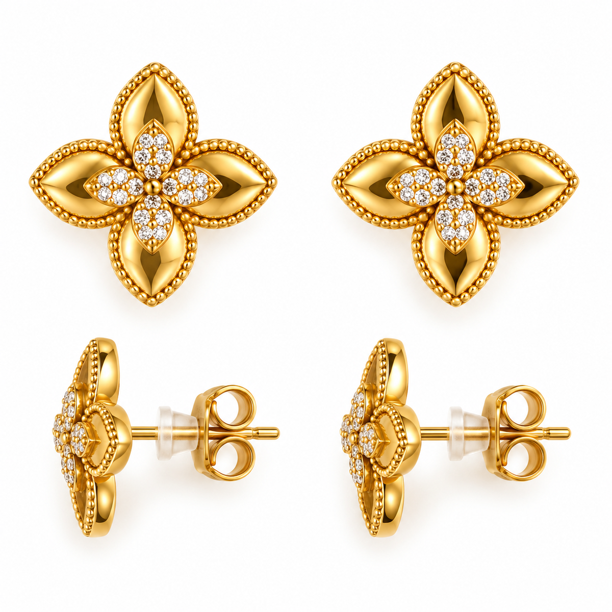 Boucles d'oreilles Double Fleurs Dorées et Cristaux Luxe