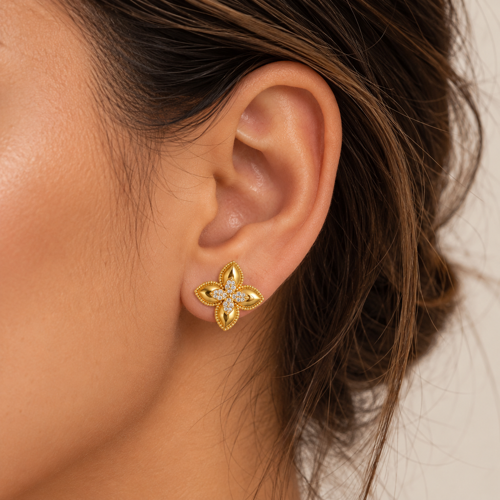 Boucles d'oreilles Double Fleurs Dorées et Cristaux Luxe