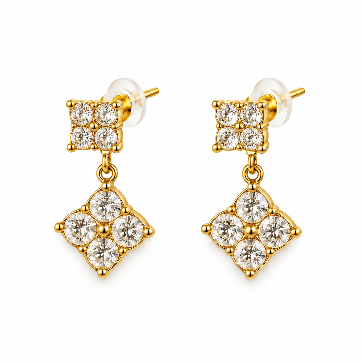 Boucles d'oreilles Double Pendentifs Trèfles 4 Cristaux Luxe