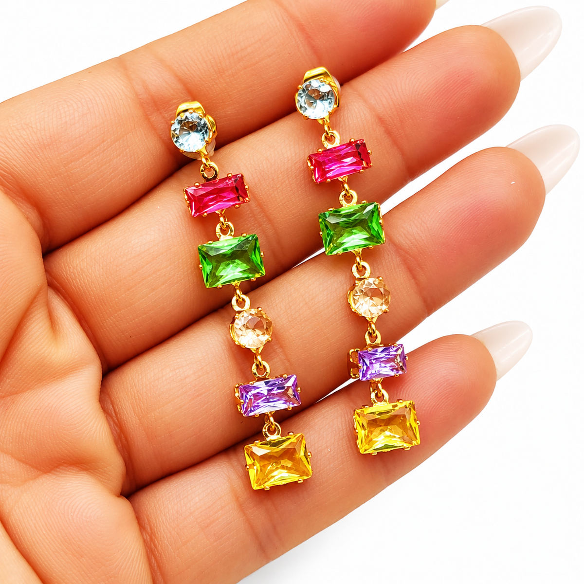 Boucles d'oreilles Multi Cristaux Rectangles Multi Formes Multicolores Luxe