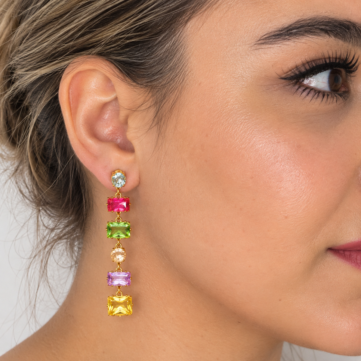 Boucles d'oreilles Multi Cristaux Rectangles Multi Formes Multicolores Luxe