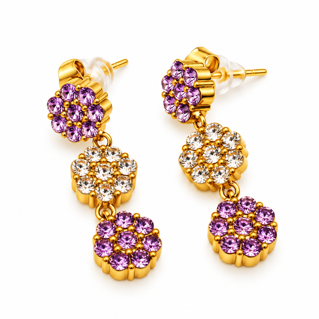 Boucles d'oreilles Multi Fleurs de Cristaux Violets et Transparents Luxe