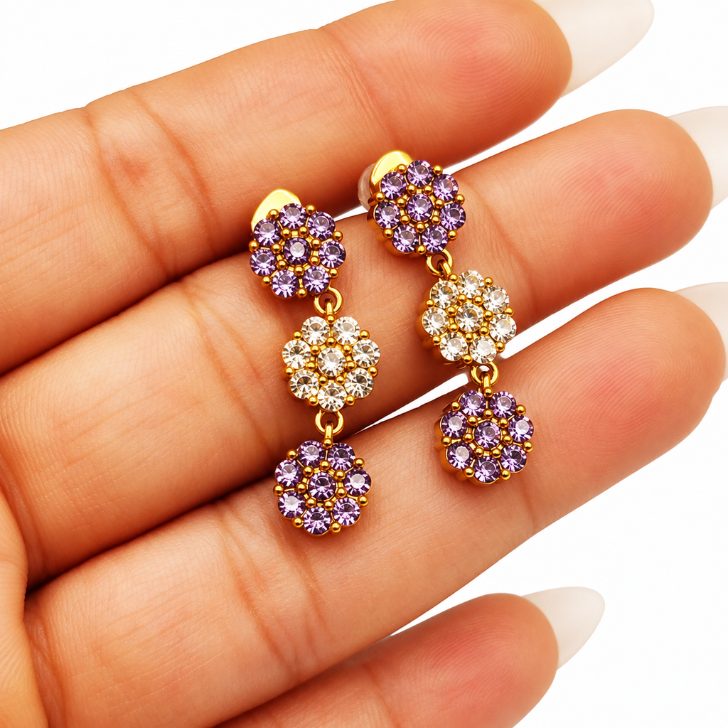 Boucles d'oreilles Multi Fleurs de Cristaux Violets et Transparents Luxe