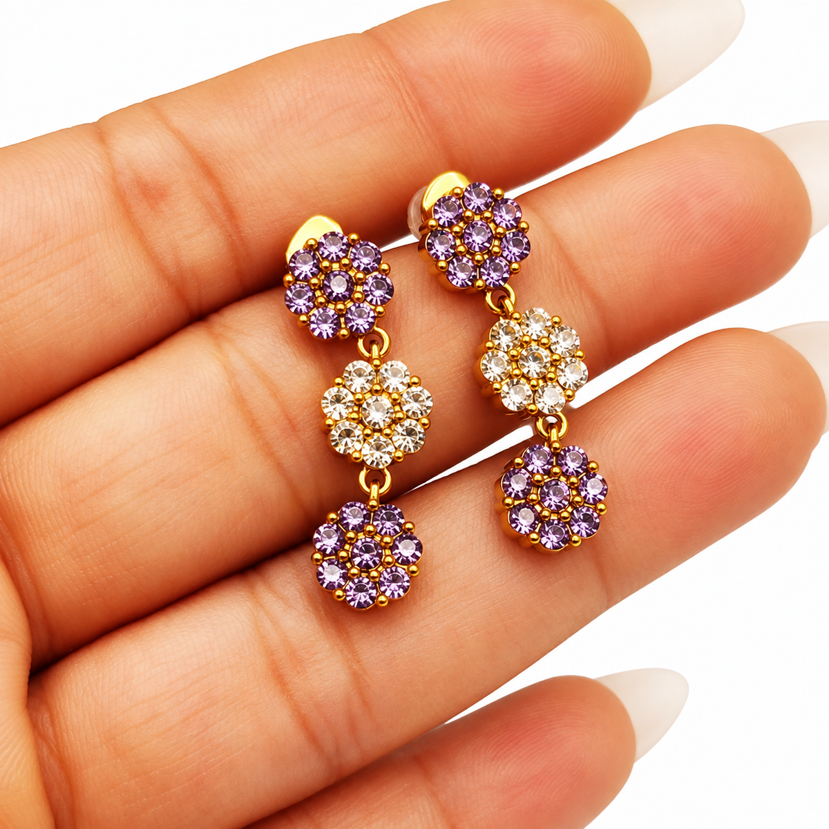 Boucles d'oreilles Multi Fleurs de Cristaux Violets et Transparents Luxe