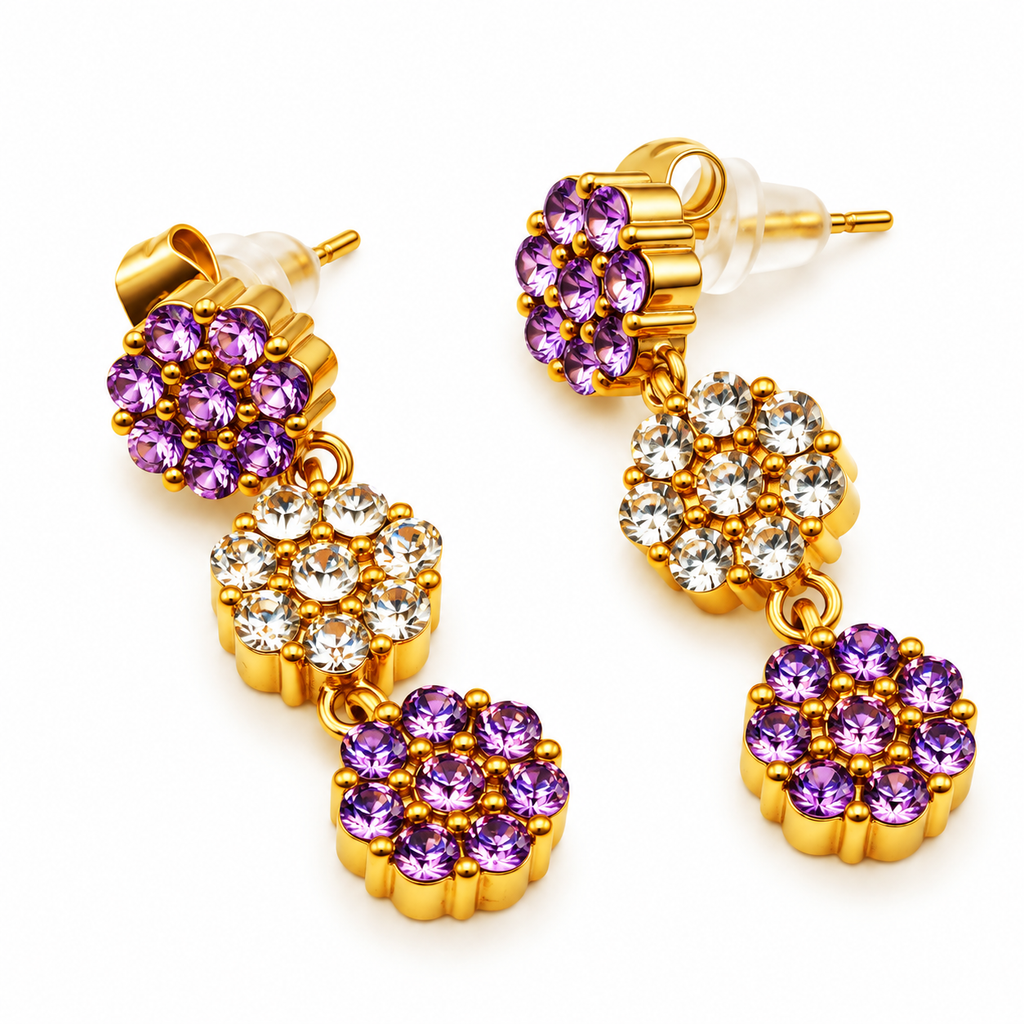 Boucles d'oreilles Multi Fleurs de Cristaux Violets et Transparents Luxe